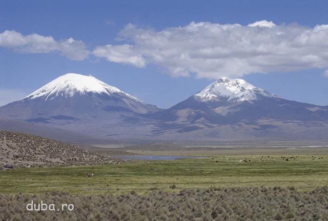 vulcanii Parinacota 6350m si Pomerape 6280m, langa granita Bolivia-Chile 