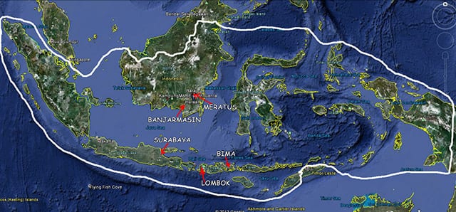 Indonezia. Am pornit din Insula Lombok prin: Bima (I-la Sumbawa), Mandalika (I-la Lombok), Surabaya (I-la Java), Banjarmasin (I-la Borneo) si Muntii Meratus (I-la Borneo)