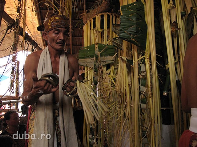 Balianii (shamanii) cheama spiritele stramosilor la ceremonie pentru a le multumi lor pentru asigurarea bunastarii comunitatii. Kinsai (inelele din mana) sunt pline cu bile din metal si agitate fac un sunet asemantor cu al shakerelor din muzica latino. Fara sunetul lor chemarea balianilor nu este auzita de spirite. In dreapta se vede o parte din "tiangul babuah" sau "sanggar" un stalp acoperit cu frunze de palmier (arin), prin inetrmediul caruia sunt contactate spiritele.